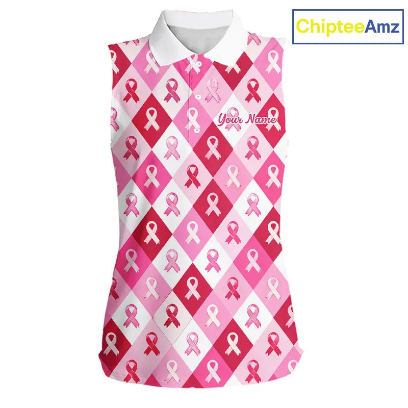 Pink Plaid Womens Sleeveless Golf Polo Shirt Custom Pink Ribbon Breast Cancer Awareness Team Golf Tops NHN0165