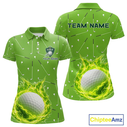 Womens Golf Polo Shirt Custom Green And White Golf Ball Flame Team Golf Shirts, Ladies Golf Top NHN0179
