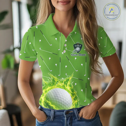 Womens Golf Polo Shirt Custom Green And White Golf Ball Flame Team Golf Shirts, Ladies Golf Top NHN0179