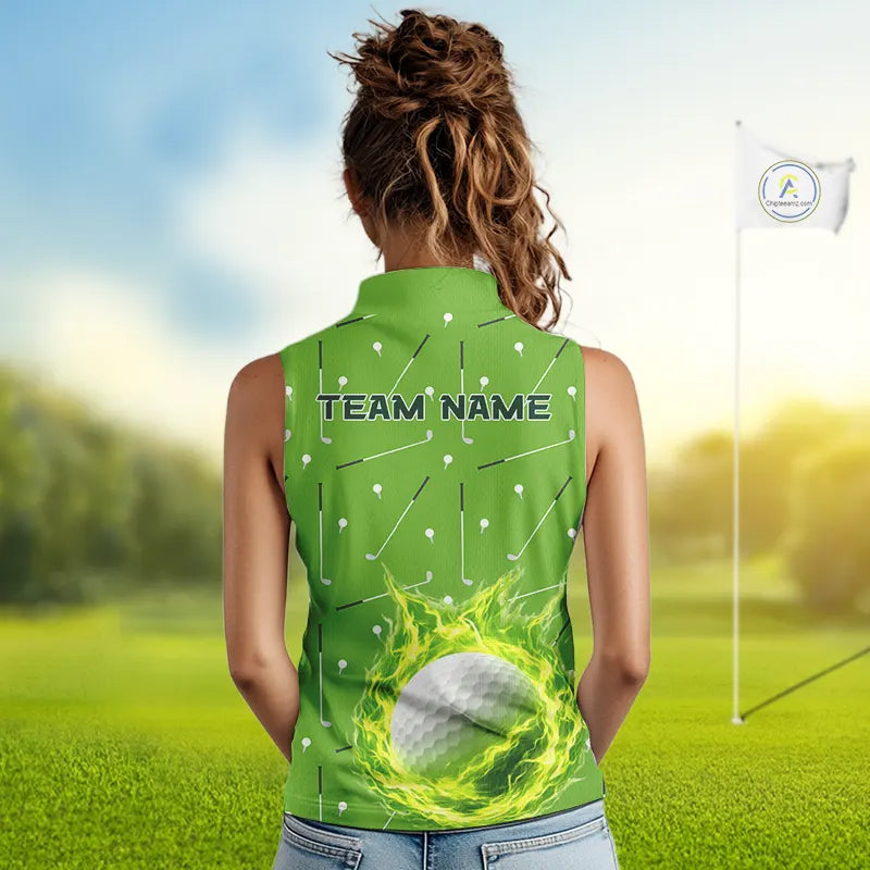 Womens Sleeveless Golf Polo Shirt Custom Green And White Golf Ball Flame Team Shirts, Ladies Golf Top NHN0179