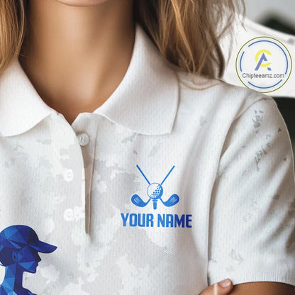Blue And White Polygonal Pattern Womens Golf Polo Shirts Custom White Golf Clubs Golf Shirt For Ladies NHN0101