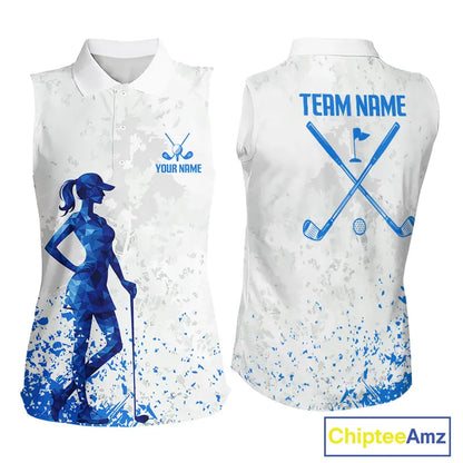 Blue And White Womens Sleeveless Golf Polo Shirt Custom White Golf Clubs Golf Shirt For Ladies NHN0101