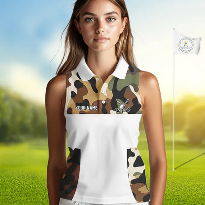 Funny Womens Sleeveless Golf Polo Shirt Custom Cowboy Golf Ball Camo Pattern Golf Outfits, Golf Gifts NHN0103