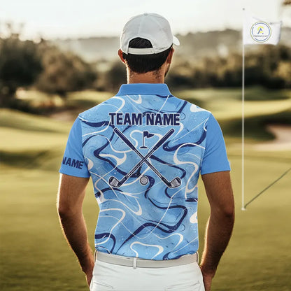 Blue And White Mens Golf Polo Shirts Custom Blue Camo Golf Tops For Men, Personalized Golf Gifts NHN0112