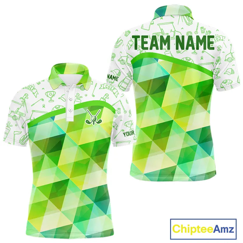 Green Geometric Triangle Pattern Mens Golf Polo Shirt Custom Golf Clubs & Golf Ball Mens Golf Tops NHN0121