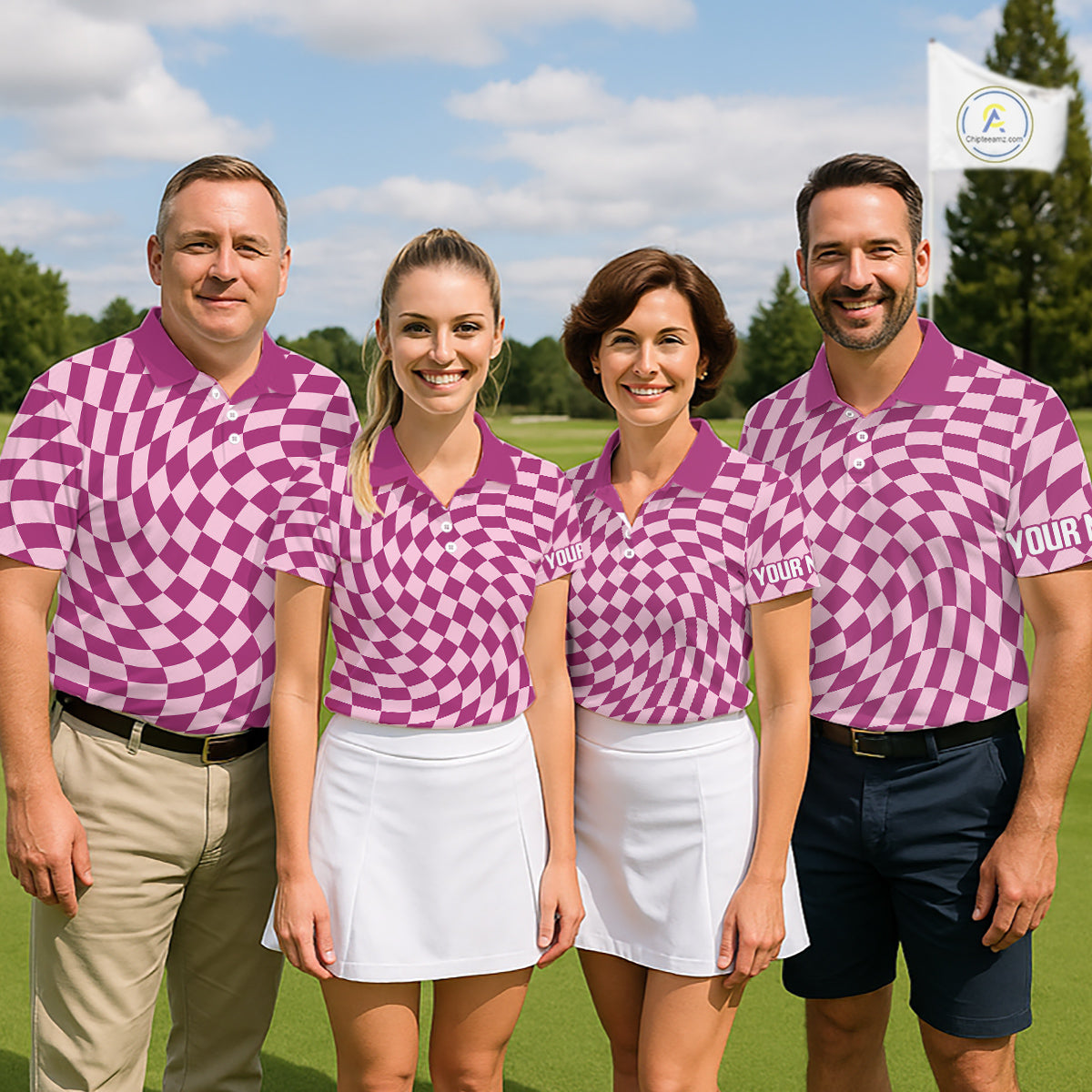 Plaid Womens Golf Polo Shirt Custom Purple & Pink Checkerboard Argyle Pattern Golf Shirts For Ladies NHN0128