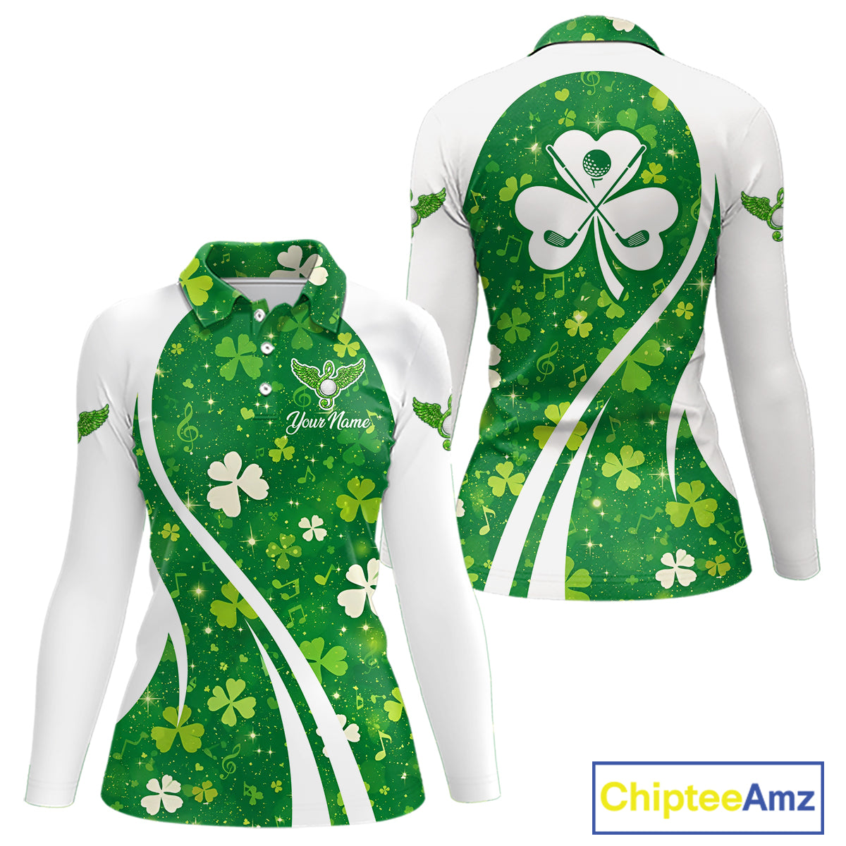 Womens Long Sleeve Golf Polo Shirt Custom Name Green Music Angel Wing Golf Ball St Patrick’S Day Shirt NHN0133