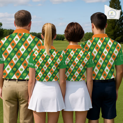 Argyle Womens Golf Polo Shirts Custom Ireland Flag St Patricks Day Green Clovers Plaid Golf Tops NHN0141