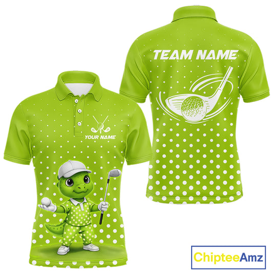 Funny Dinosaur Mens Golf Polo Shirt Green Pattern Custom Dinosaur Golf Shirts For Men NHN0100