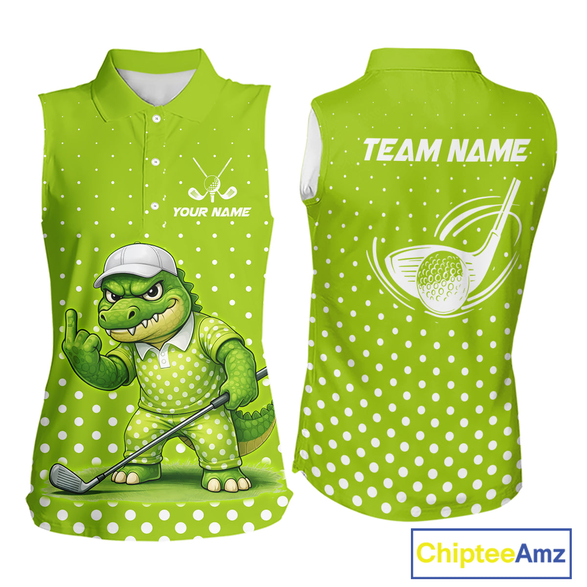 Funny Alligator Womens Sleeveless Golf Polo Shirt Custom Name Green Ladies Golf Apparel Funny Golf Gifts NHN0104