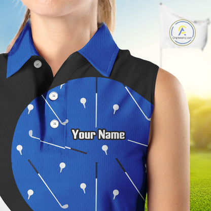 Blue And White Womens Sleeveless Golf Polo Shirt Custom Black Golf Shirts For Ladies, Golf Gifts NHN0109