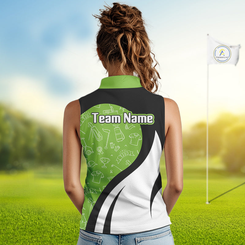 Green And White Womens Sleeveless Golf Polo Shirt Custom Black Golf Shirts For Ladies, Golf Gifts NHN0110