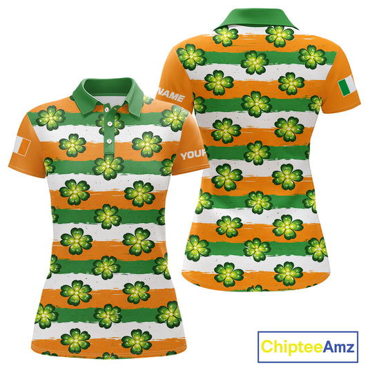Womens Golf Polos Shirts Custom Green Clover St Patricks Day Pattern Ireland Flag Golf Shirt For Ladies NHN0138