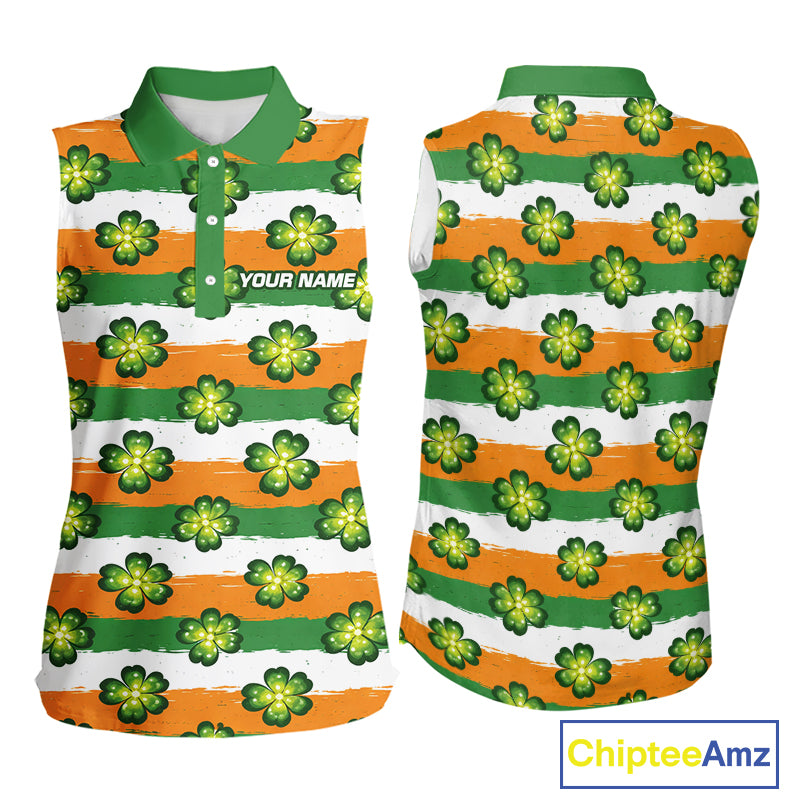 Womens Sleeveless Golf Polo Shirt Custom Green Clover St Patricks Day Pattern Ireland Flag Golf Shirt NHN0138