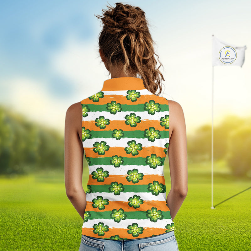 Womens Sleeveless Golf Polo Shirt Custom Ireland Flag St Patricks Day Green Clovers Golf Tops NHN0140