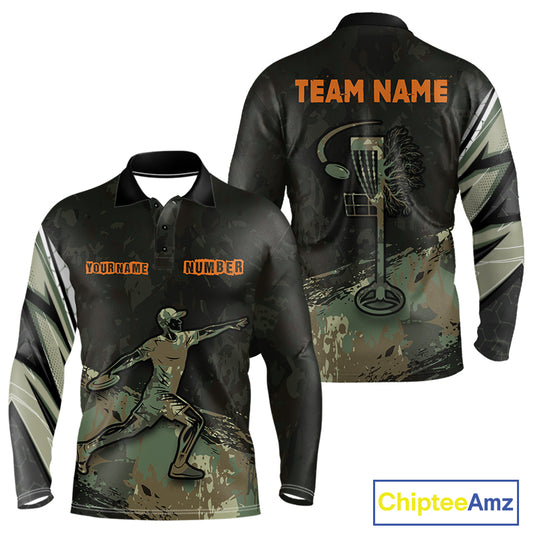 Mens Long Sleeve Disc Golf Polo Shirt Custom Name Number Green Disc Golf Basket Team Disc Golf Shirts NHN0029