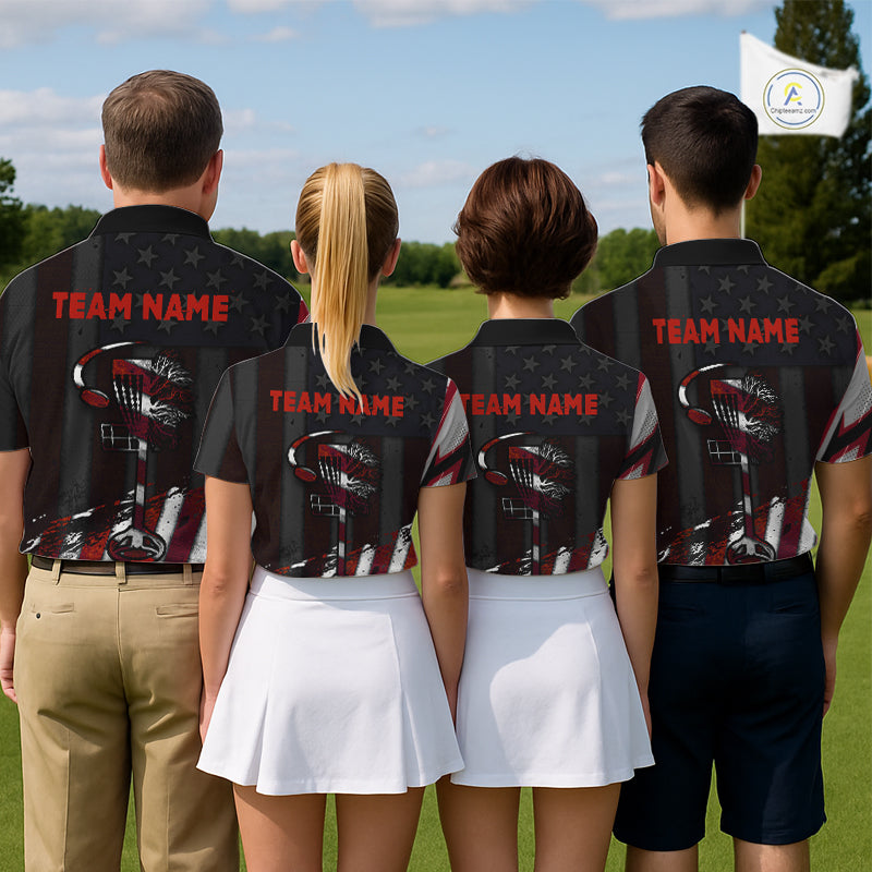 Mens Disc Golf Polo Shirt Custom Name Vintage American Flag Disc Golf Basket Patriotic Golf Shirts  NHN0029