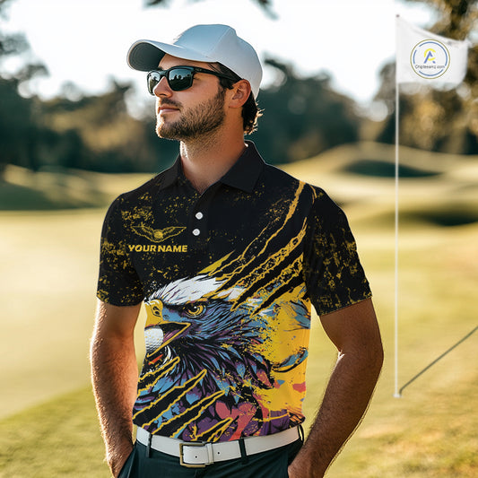 Mens Golf Polo Shirt Custom Yellow And Black Grunge Ripped Eagle Grasping Golf Ball Golf Apparel NHN0057