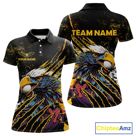 Womens Golf Polo Shirt Custom Yellow And Black Grunge Ripped Eagle Grasping Golf Ball Golf Apparel NHN0057