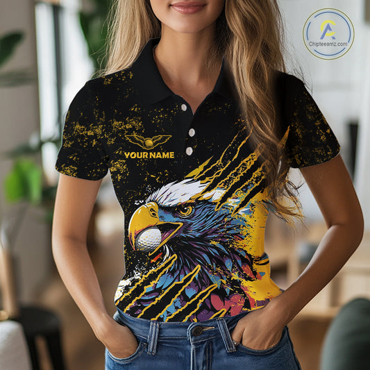 Womens Golf Polo Shirt Custom Yellow And Black Grunge Ripped Eagle Grasping Golf Ball Golf Apparel NHN0057