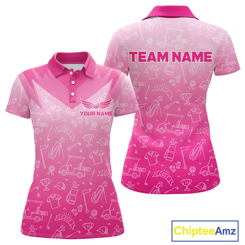 Womens Golf Polo Shirt Custom Pink Golf Ball Golf Club Pattern Team Ladies Golf Tops, Golf Gifts NHN0198