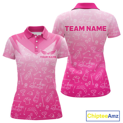 Womens Golf Polo Shirt Custom Pink Golf Ball Golf Club Pattern Team Ladies Golf Tops, Golf Gifts NHN0198