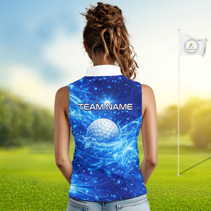 Womens Sleeveless Golf Polo Shirt Blue Water Splash Golf Ball Custom Name Golf Tops For Team NHN0221
