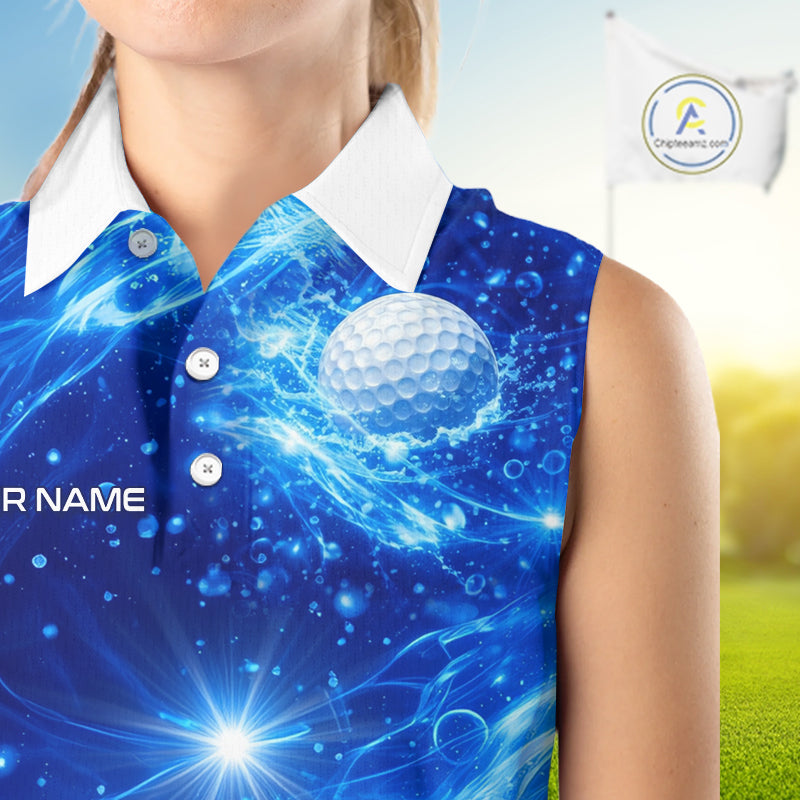 Womens Sleeveless Golf Polo Shirt Blue Water Splash Golf Ball Custom Name Golf Tops For Team NHN0221