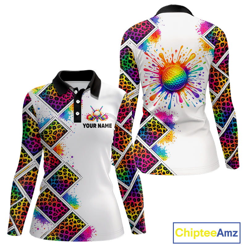 Rainbow Womens Long Sleeve Golf Polo Shirt Leopard Print Pattern Custom Team Ladies Golf Top, Golf Gift NHN0228