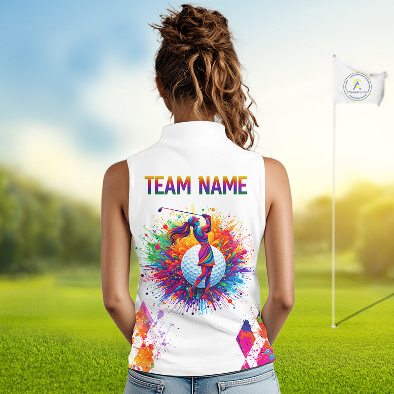 Watercolor Argyle Pattern Womens Sleeveless Golf Polo Shirt Custom White Golf Clubs Golf Shirts NHN0006