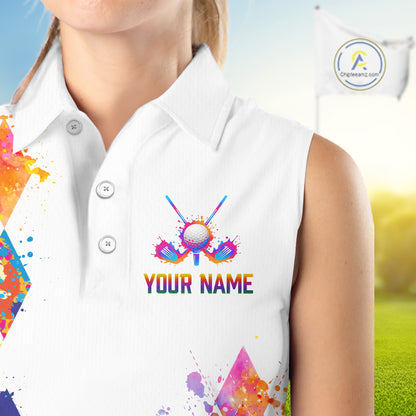 Watercolor Argyle Pattern Womens Sleeveless Golf Polo Shirt Custom White Golf Clubs Golf Shirts NHN0006
