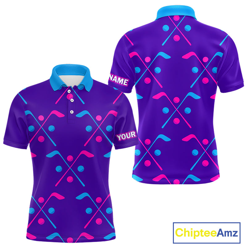 Mens Golf Polo Shirts Blue Purple Pink Custom Golf Balls And Golf Clubs Pattern, Team Golf Shirt NHN0105