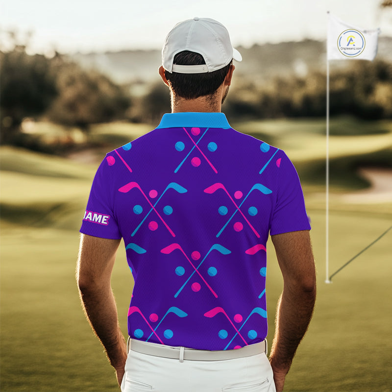 Mens Golf Polo Shirts Blue Purple Pink Custom Golf Balls And Golf Clubs Pattern, Team Golf Shirt NHN0105