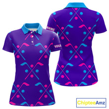 Load image into Gallery viewer, Womens Golf Polo Shirts Blue Purple Pink Custom Golf Balls And Golf Clubs Pattern, Team Golf Shirt NHN0105