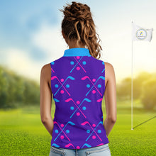 Load image into Gallery viewer, Womens Sleeveless Golf Polo Shirt Blue Purple Pink Custom Golf Balls And Golf Clubs, Team Golf Shirt NHN0105