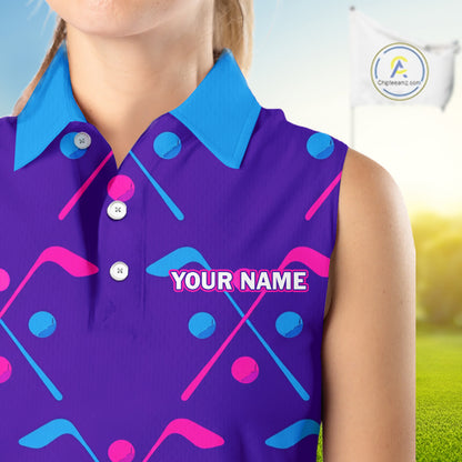 Womens Sleeveless Golf Polo Shirt Blue Purple Pink Custom Golf Balls And Golf Clubs, Team Golf Shirt NHN0105