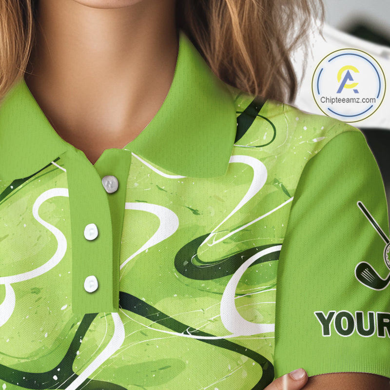 Green And White Womens Golf Polo Shirts Custom Green Camo Golf Tops For Ladies, Golf Gifts NHN0111