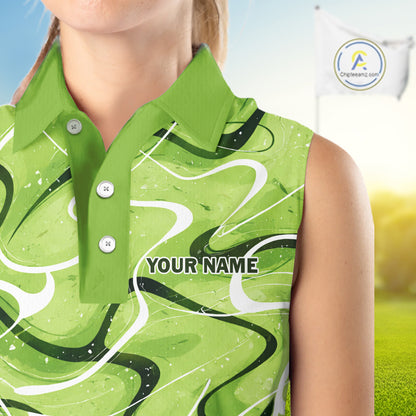 Green And White Womens Sleeveless Golf Polo Shirt Custom Green Camo Golf Tops, Personalized Golf Gifts NHN0111