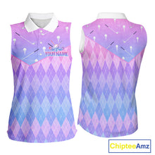 Load image into Gallery viewer, Argyle Womens Sleeveless Golf Polo Shirt Custom Pink &amp; Purple Golf Clubs Plaid Team Golf Top NHN0114