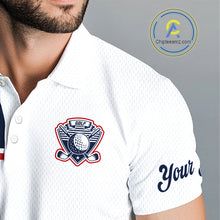 Load image into Gallery viewer, Blue And White Golf Polo Shirt, Custom Name Mens Golf Polo Shirts, Personalized Golf Gifts NHN0117