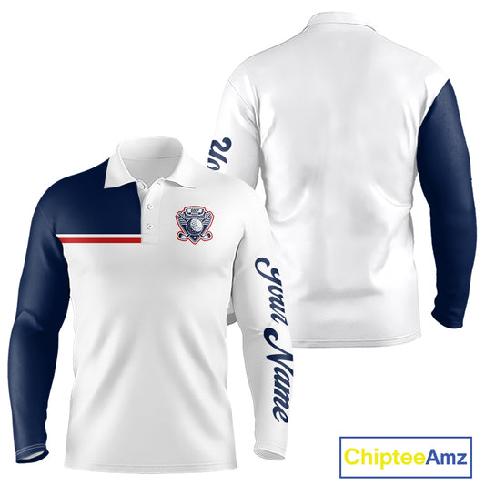 Blue And White Golf Polo Shirt, Custom Name Long Sleeve Golf Polo Shirt, Personalized Golf Gifts NHN0117