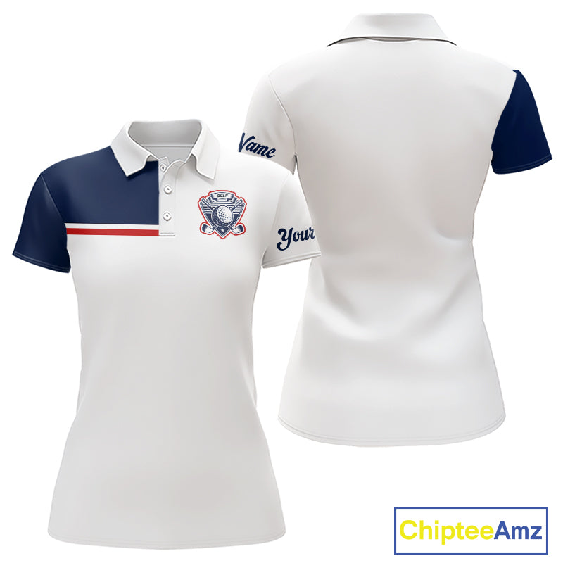 Blue And White Golf Polo Shirt, Custom Name Womens Golf Polo Shirts, Personalized Golf Gifts NHN0117