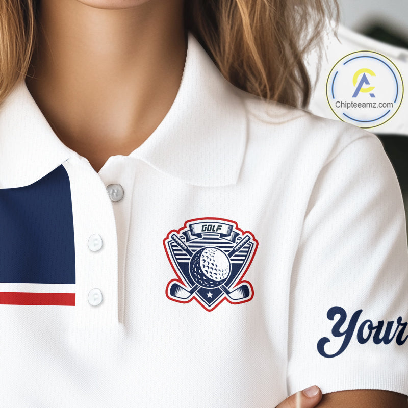 Blue And White Golf Polo Shirt, Custom Name Womens Golf Polo Shirts, Personalized Golf Gifts NHN0117