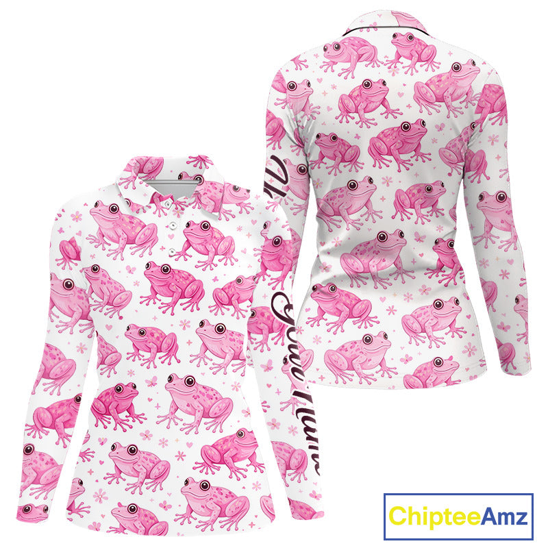 Funny Womens Long Sleeve Golf Polo Shirt Custom Pink Frog Pattern Golf Attire For Ladies Golfer NHN0134