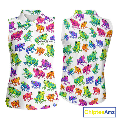 Funny Watercolor Womens Sleeveless Golf Polo Shirt Custom Colorful Frog Pattern Golf Attire NHN0134