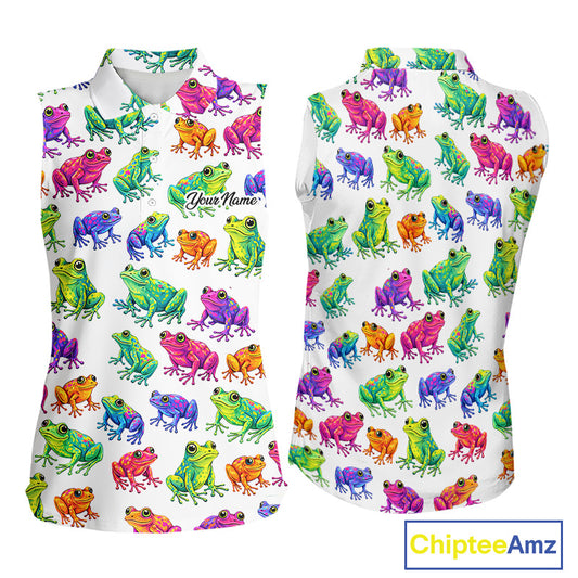 Funny Watercolor Womens Sleeveless Golf Polo Shirt Custom Colorful Frog Pattern Golf Attire NHN0134