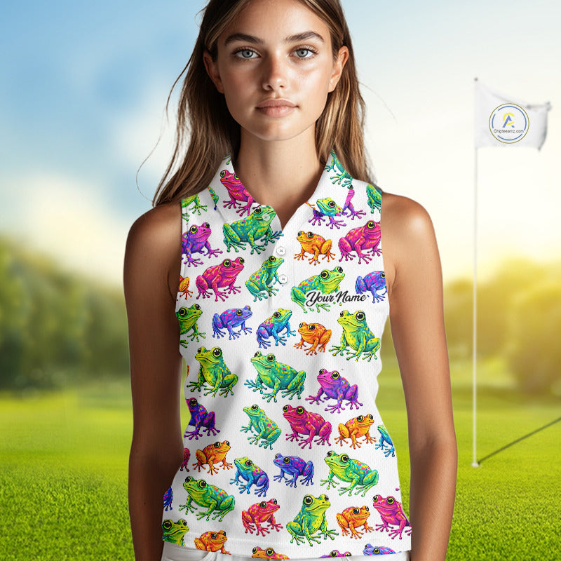 Funny Watercolor Womens Sleeveless Golf Polo Shirt Custom Colorful Frog Pattern Golf Attire NHN0134
