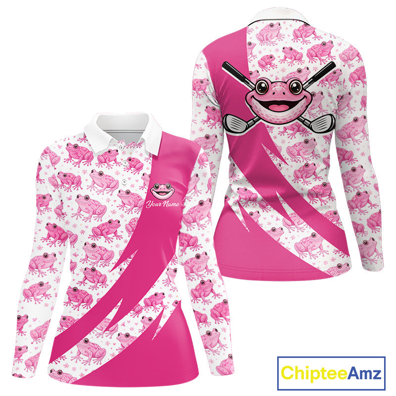 Funny Womens Long Sleeve Golf Polo Shirt Custom Pink Frog Pattern Golf Attire For Ladies Golfer Gifts NHN0136