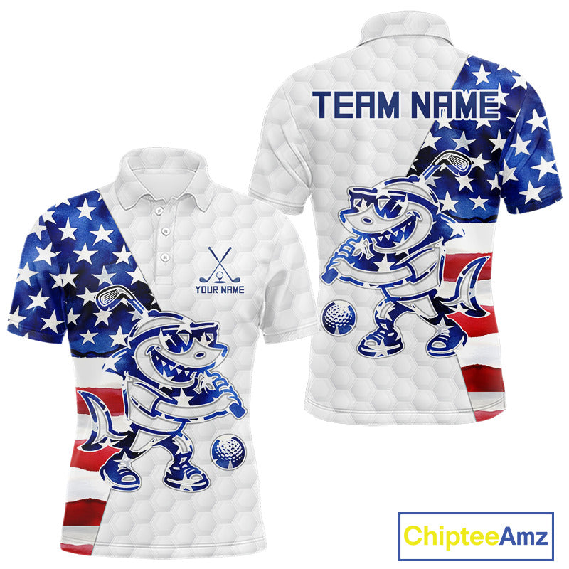 Funny Mens Golf Polo Shirt Patriotic American Flag Custom Name Shark Playing Golf Shirt Funny Golf Apparel NHN0018