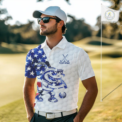 Funny Mens Golf Polo Shirt Patriotic American Flag Custom Name Shark Playing Golf Shirt Funny Golf Apparel NHN0018